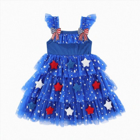 KPOPLK 4th of July Toddler Dress Outfit American Flag Dress Patriotic Independence Memorial Day Dress Summer Dresses Clothes(5-6 Years,Blue)