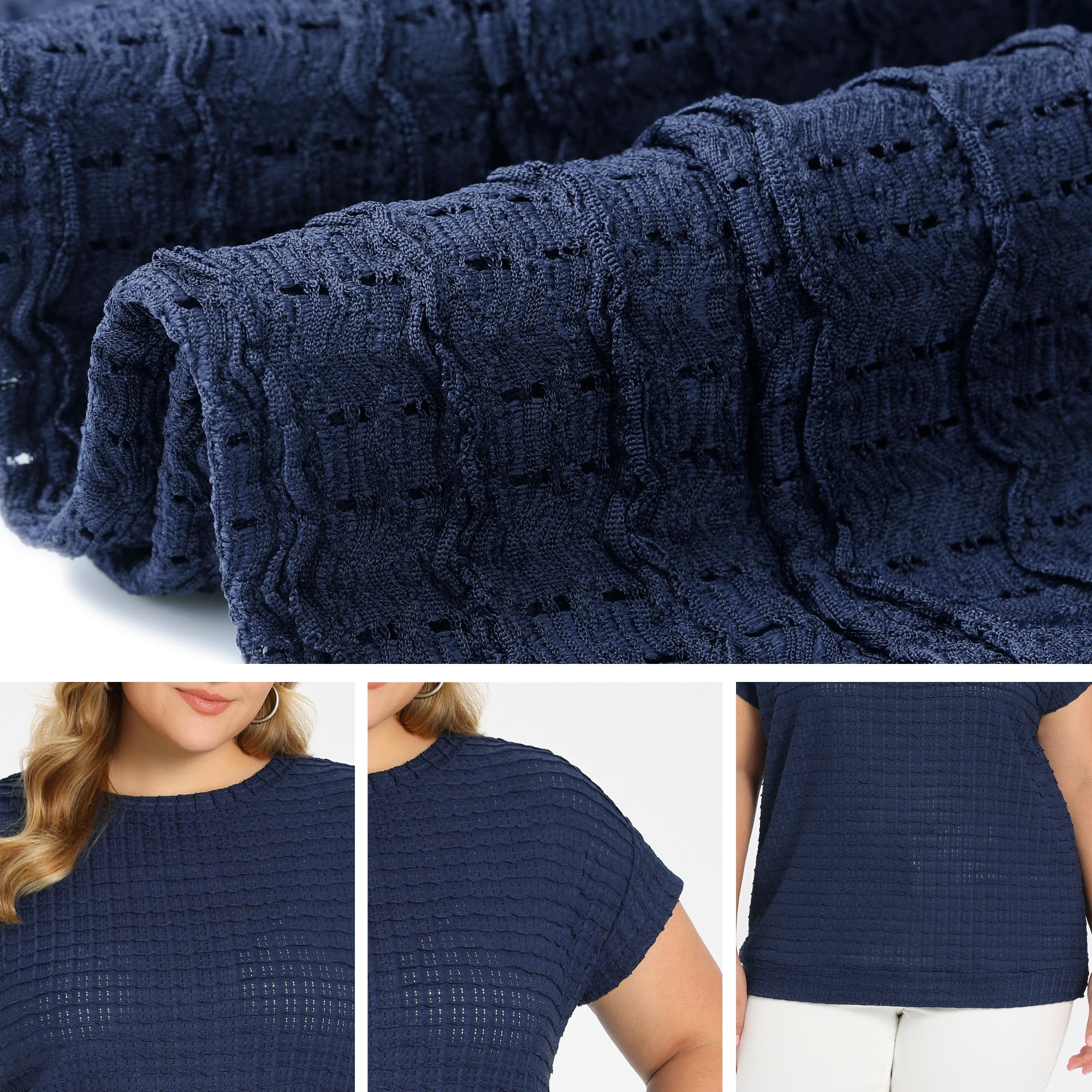 DARING DIVA Women's Plus Pointelle Knit Tops Casual Blouse 1X Navy Blue