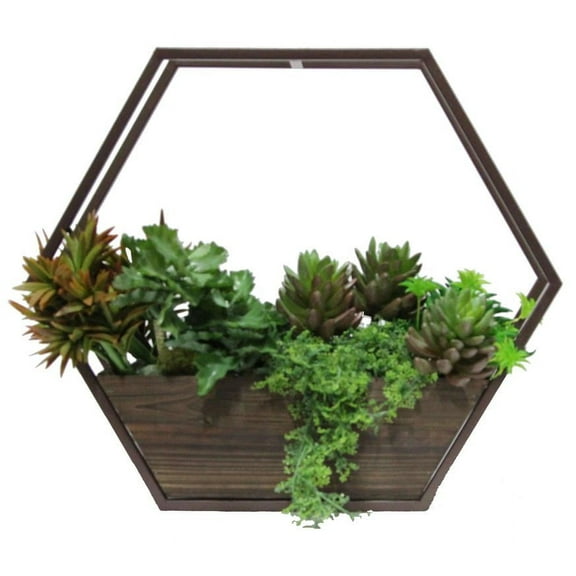 Set of 2 Hexagon wood and metal framing wall hanging planters w/ hard liners