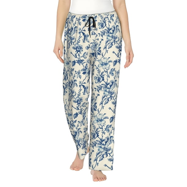 Balery Vintage Blue Floral Pantalones de pijama para mujer, pijamas ultraligeros, pantalones de estar por casa-XX-Large