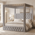 thumbnail image 4 of Amerlife Canopy Bed Frame Queen Size with 74.8" Tall Four-Post Design, Modern Deep-Tufted Velvet Upholstered Headboard with Charging Station, Grey, 4 of 10