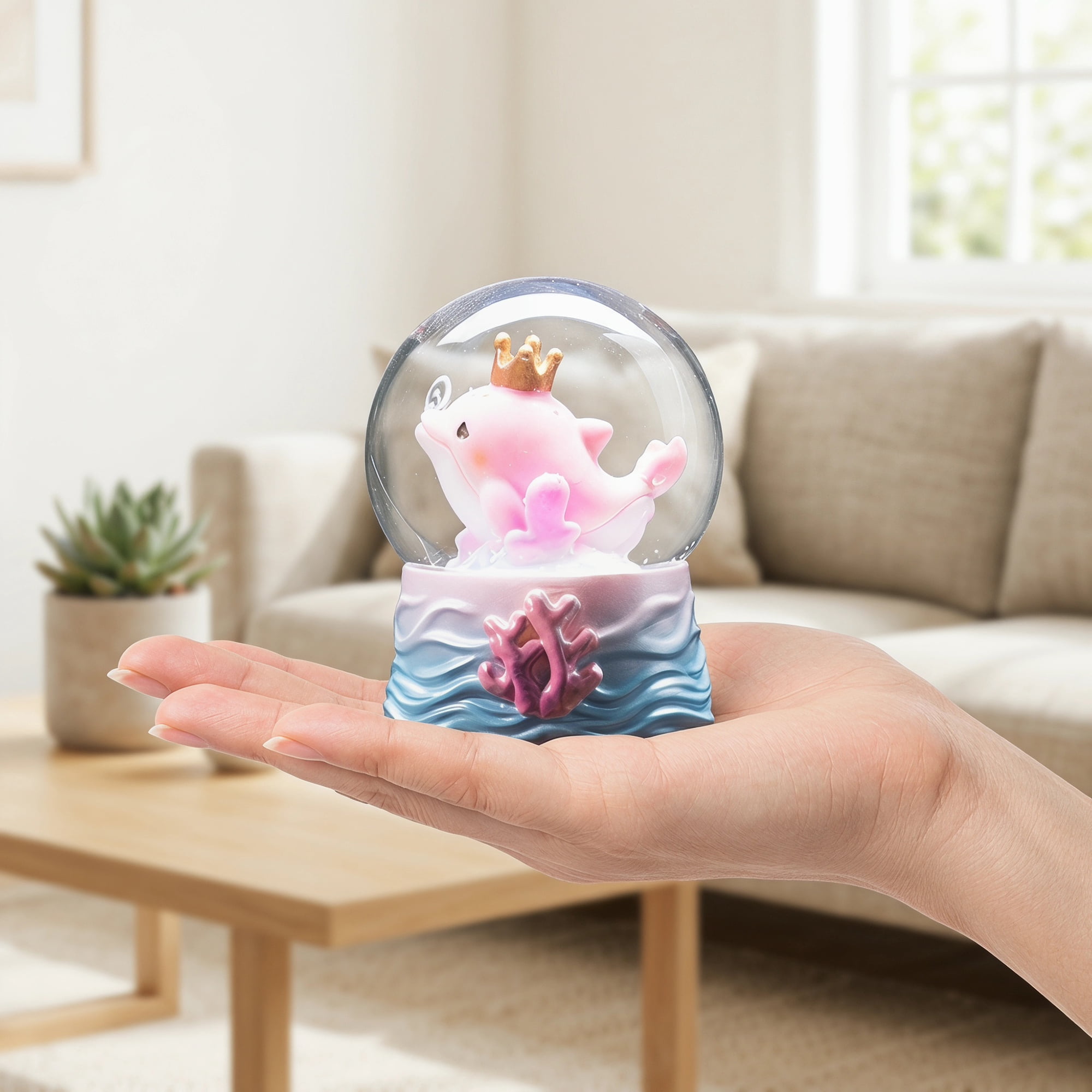 Unique Bargains Cartoon Light Up Crystal Ball Mini Resin Figurine Snow Globe Pink Style D