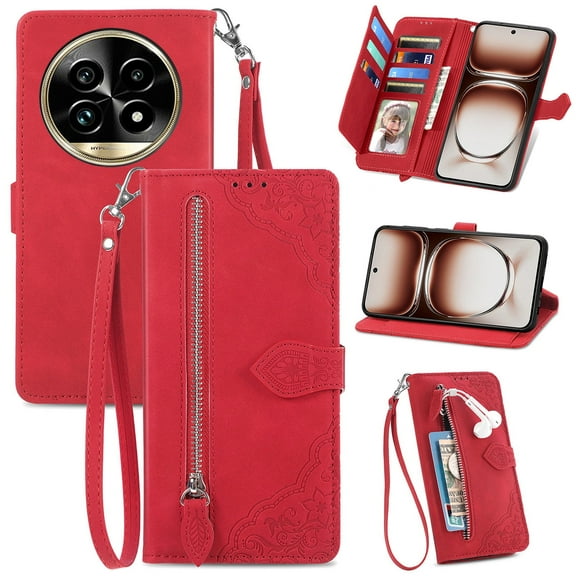 Phone Case for OPPO Realme 13 Pro 5G / Realme 13 Pro Plus 5G, Shockproof PU Leather Wallet Case with Card Slots Anti-Scratch Stand Magnetic Flip Zipper Pocket Cover, Red