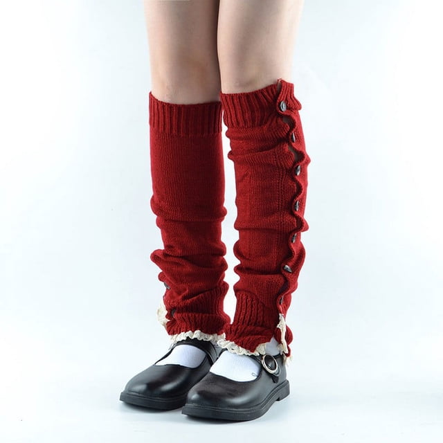 Bas Rouges Femmes Hiver Chauds Chaussettes Tricotées Crochet Manchette Bottes Longueur Genou Jambières Extra Longues Cuisse Hautes Boutons Jambières Chaussettes en Pile