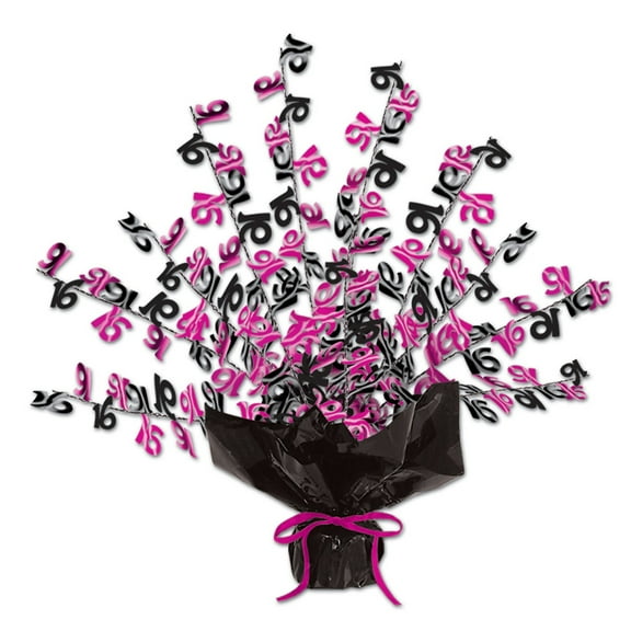 Party Central Club Pack of 12 Black and Pink Metallic Spray "Sweet 16" Party Table Centerpieces 15"