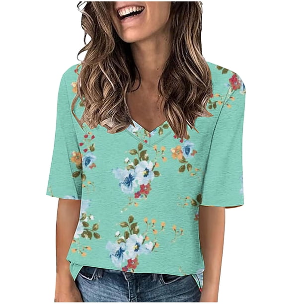 Camisetas de Manga Corta con Cuello en V Impresas, Camisetas Ligeras Y Elegantes con Cuello en V de las Mujeres