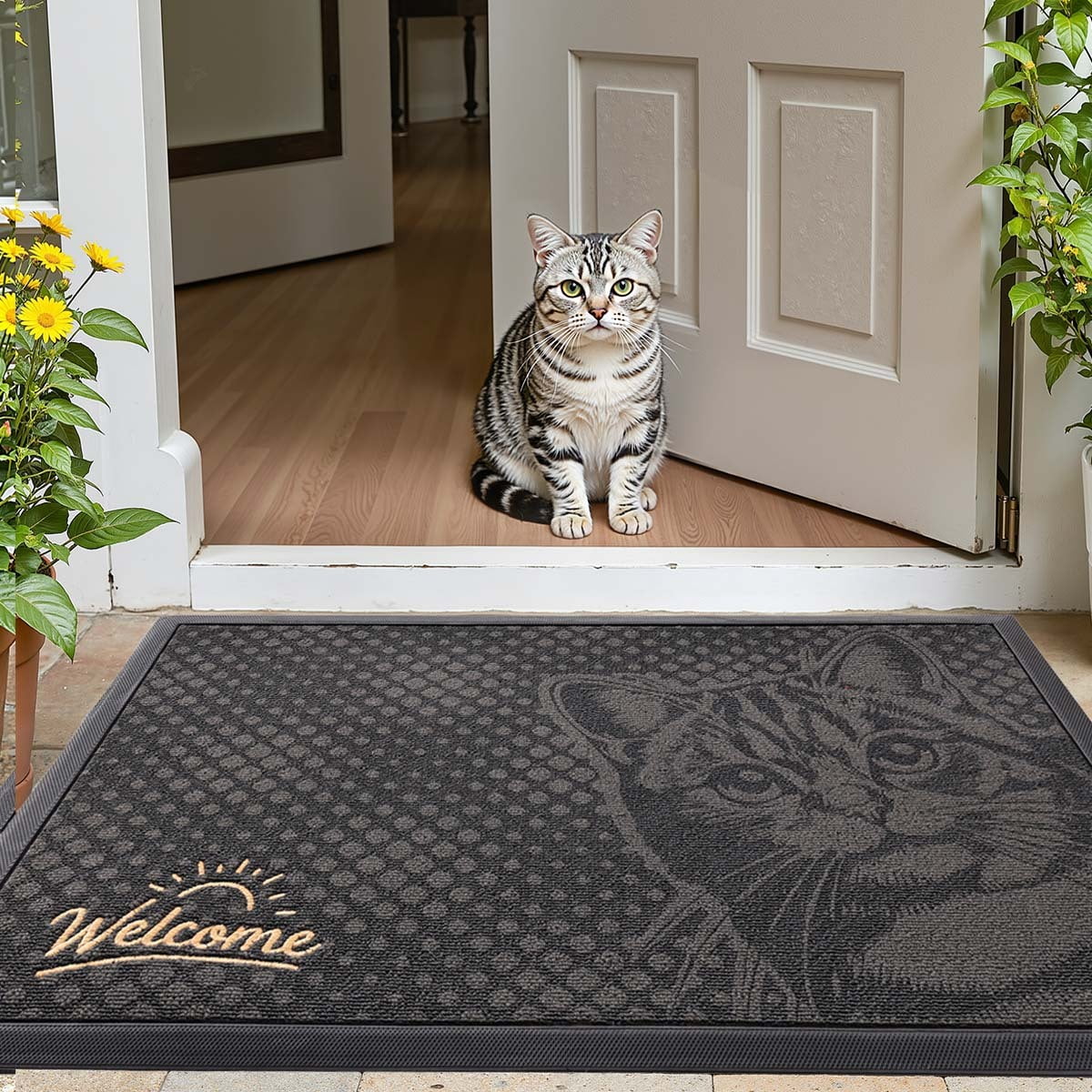 PABUBE Outdoor Doormat,American Shorthair Welcome Mat, Heavy Duty Durable Doormat Outdoor Entrance, Non-Slip Dirt & Mud Trapper Outdoor Mat for Front Doors