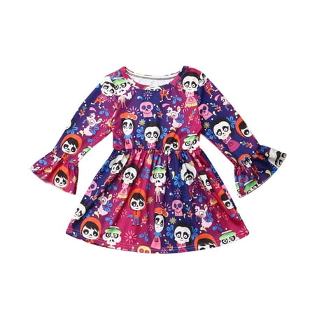 Toddler Baby Girls Casual Wear Flare Sleeve Cartoon Elf Floral Dress Sundress Cute Halloween Costumes Party 1pcs
