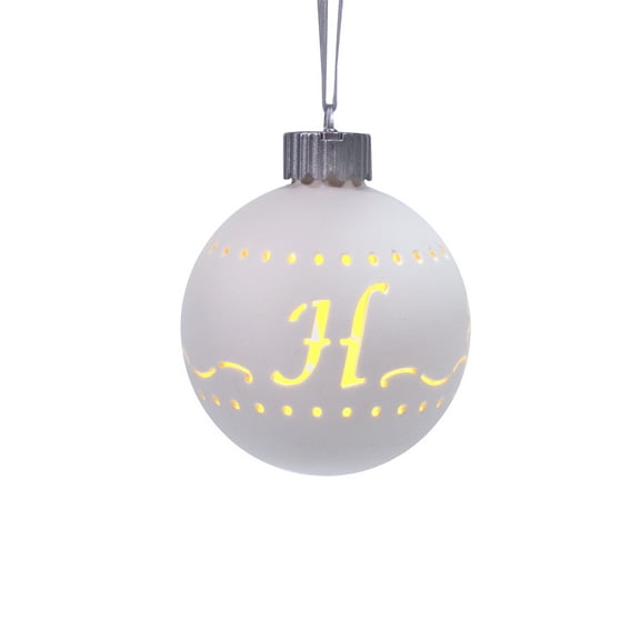 H LED Monogram White Bisque 4 x 4 Porcelain Ceramic Decorative Hanging Ornament