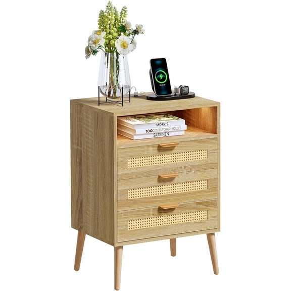 SUNBURY 26" Rattan Nightstand with Charging Station and LED Lights, Boho Bedside Table with 3 Drawers, Wooden End Table for Bedroom, Rustic Brown