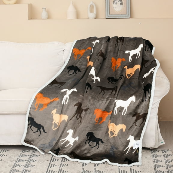 Catalonia Cow Print Sherpa Fleece Blanket, Super Soft Warm Cozy Flannel Reversible Throw Blanket for Couch Sofa Bed, Brown Horse Pattern, 50" x 60".