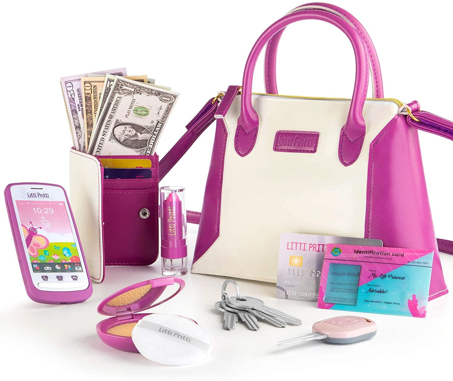 Including A Smartphone Car Keys, Details about   Click N' Play 8Piece Girls Pretend Play Purse 