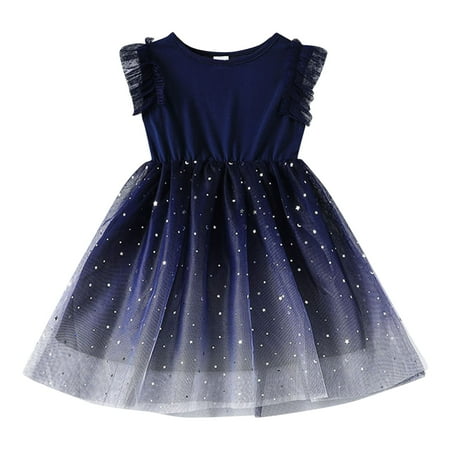 

CLZOUD Girls Semi formal Dress Blue Cotton Blend Toddler Girls Sleeveless Lace Ruffles Tulle Princess Dress Clothes 130