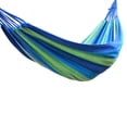 thumbnail image 3 of Hamaca de camping doble portátil con 2 correas de amarre, hamaca de tela a rayas de colores para interior y exterior, color azul, 3 of 10