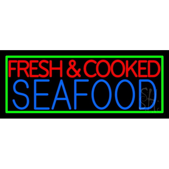 Fresh And Cooked Seafood LED Neon Sign 10 x 24 - inches, Clear Edge Cut Acrylic Backing, with Dimmer - Bright and Premium built indoor LED Neon Sign for restaurant window and interior decor.