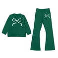 thumbnail image 2 of YMNXA Toddler Kids Girls Outfits Long Sleeve Round Neck Bow Print Pullover And Flare Pants Comfortable Fashion Elegant Sets For Casual Daily Wear,Dark Green,9-10 Years, 2 of 4