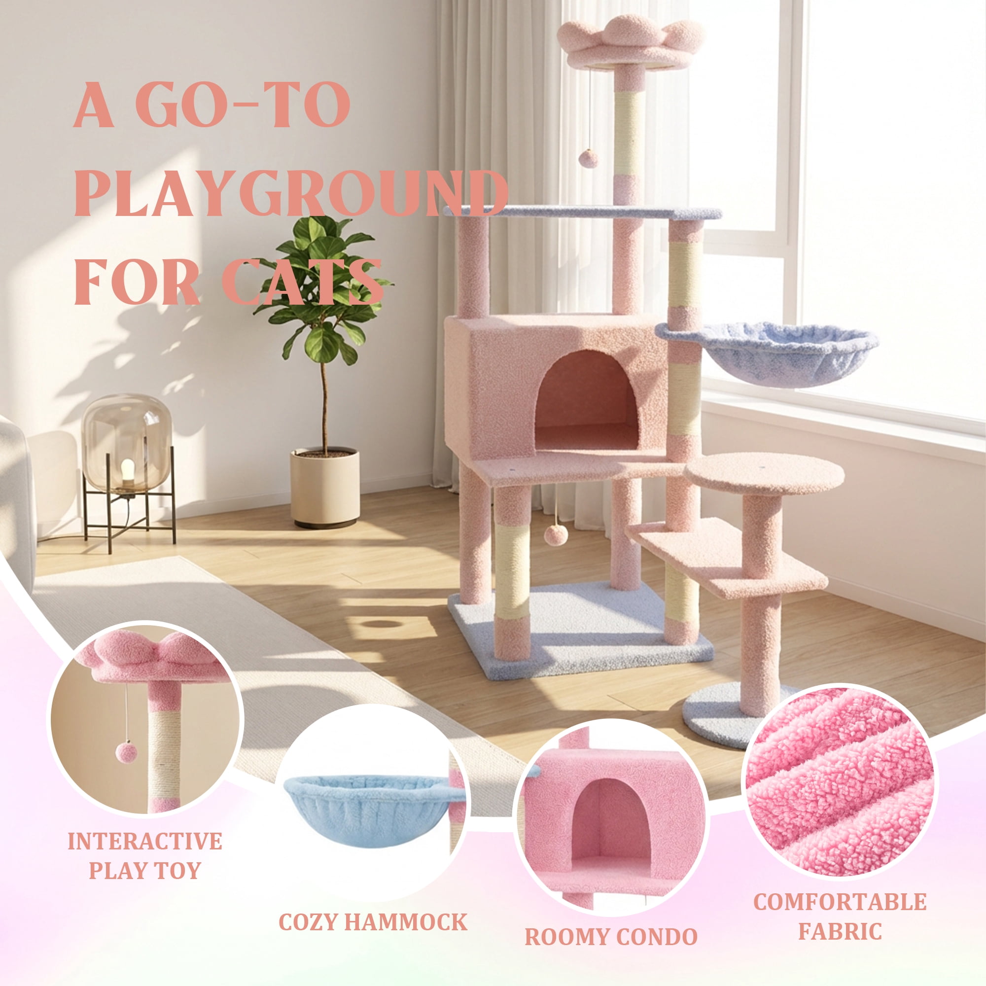 Flower Cat Tree With Large Condo Removable Flower Cushion and Hammock, Pink