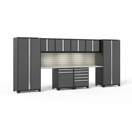 

NewAge Products Pro Series Gray 10 Piece Cabinet Set Heavy Duty 18-Gauge Steel Garage Storage System Slatwall / LED Lights Included