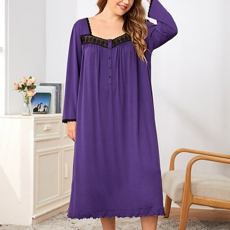 

YIWEI Plus Size Pajamas Nightdress Women Long Sleeve Square Collar Sleepwear Loose Purple 4XL