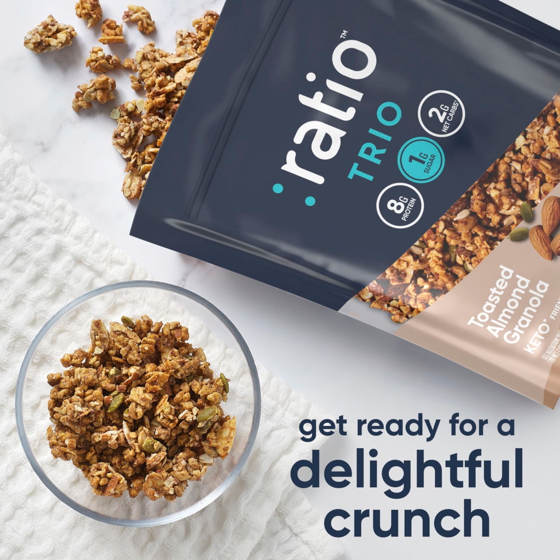 Ratio Trio Toasted Almond Granola Cereal, 1g Sugar, Keto Friendly, 8 oz Resealable Bag