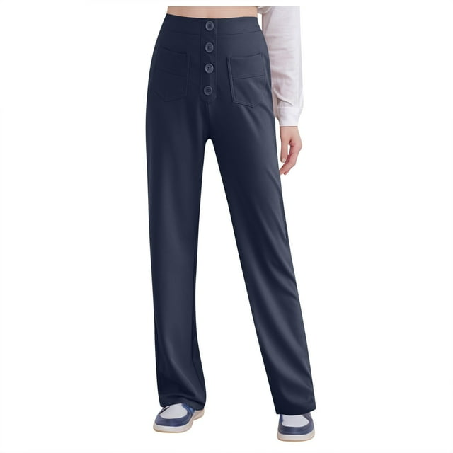 YFELWZ Womens Plus Size Casual High Waisted Straight Leg Button Pocket Pants Blue S