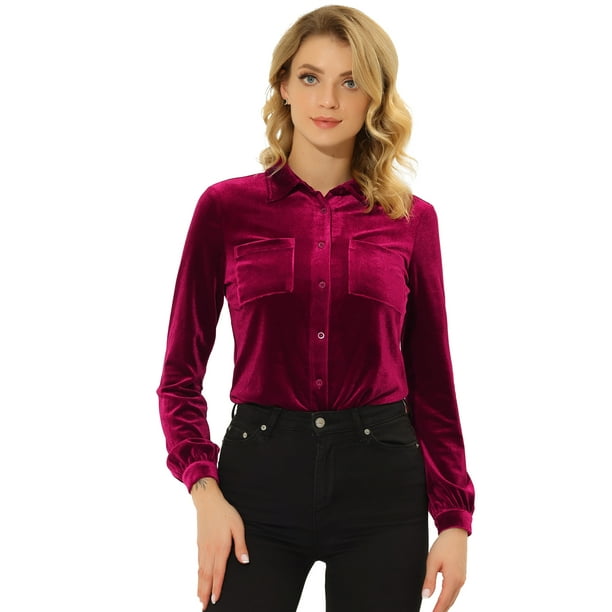Blusa de manga larga con bolsillo delantero y cuello de punta para mujer, camisa de terciopelo de trabajo con botones Vino rojo XL