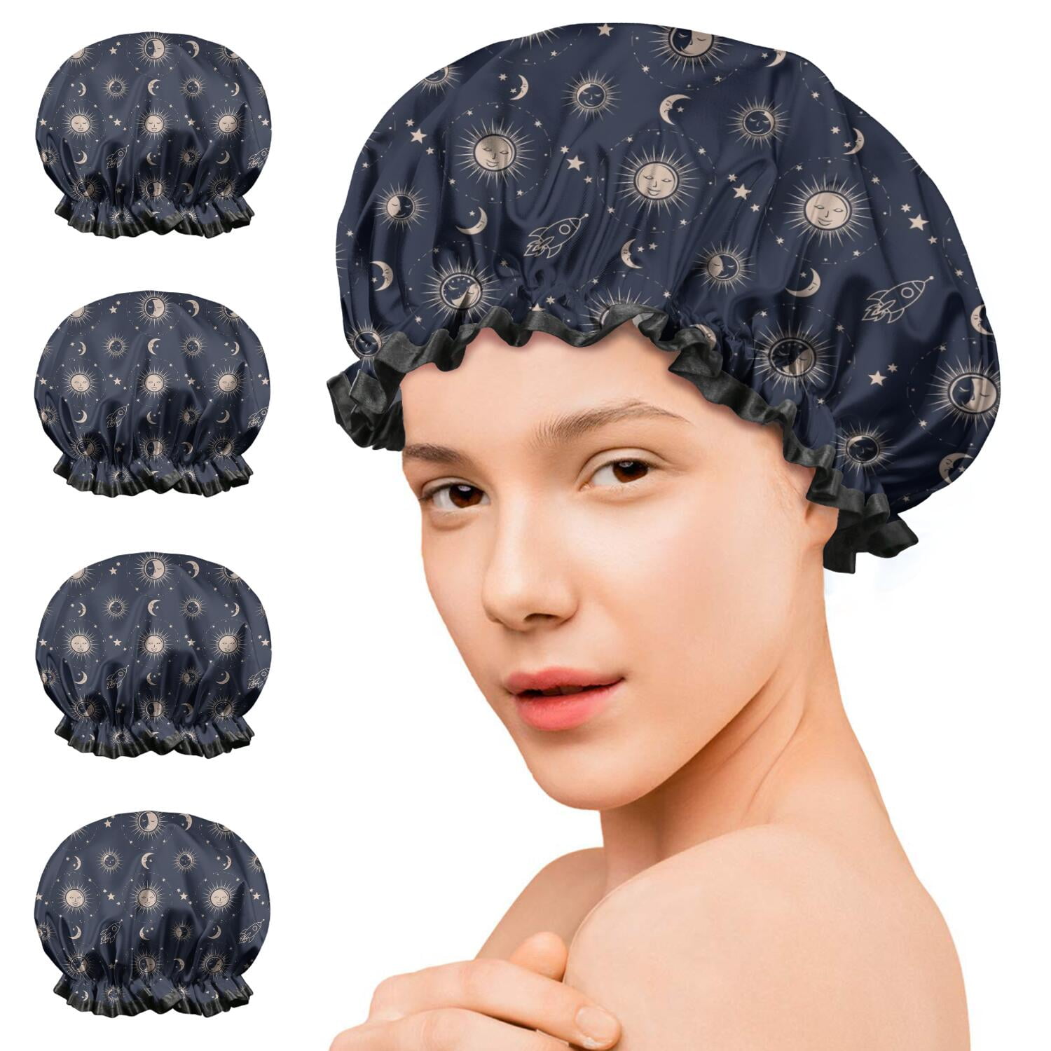 Shower Caps,Dark Blue Sun Moon Rocket Pattern Waterproof Shower Cap for Women 4 Pieces,Double Reusable Hair Cover for Shower PEVA Elastic Stretch Hem