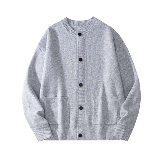 Kalauyu Men's Round Neck Knitted Cardigan Unisex Solid Color Warm And Loose Sweater Jacket