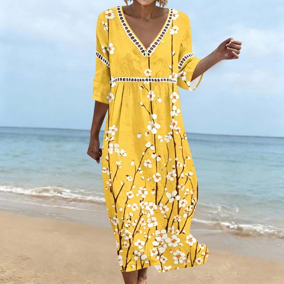 QUNYINEY Summer Women's Plus Size Dresses Beach 3/4 Sleeve Floral Midi A Line Dress Loose Fit V Neck Beach Dresses