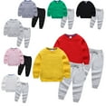 thumbnail image 3 of LYMAYTER Toddler Unisex Sweatshirt Outfit Teen Solid Color Sweatsuit Tops + Sweat Pants 1 Set for 2-14 Years, 3 of 5