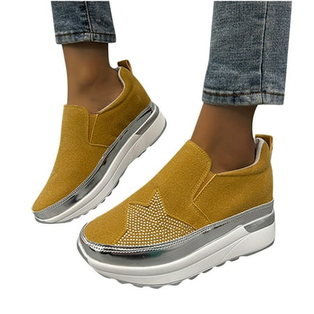 

ELABCH Sneakers for Women Height Increasing Shoes Small People Size Wedge Heels Thick Soled Slip On Shoes Velvet Loafers Yellow US Size 8.5
