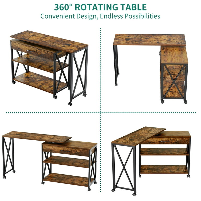 Dextrus 360 Free Rotating Computer Desk Mobile Writing Table with Drawer and Shelves Rustic Brown