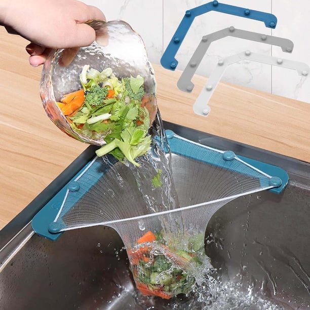 Juego de colador para fregadero de cocina | Soporte trípode con base triangular de ABS | Bolsas de poliéster de malla fina para restos de alimentos | Incluye 50 filtros desechables Soporte adhesivo