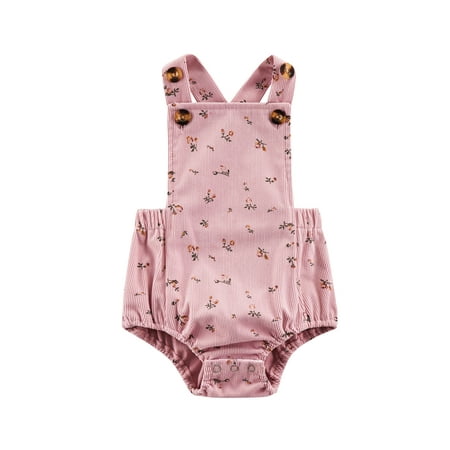 

Suanret Lovely Baby Girls Floral Print Corduroy Romper Infant Sleeveless Square Neck Buttoned Suspender Elastic Waist Jumpsuit Triangle Crotch Pink 3-6 Months