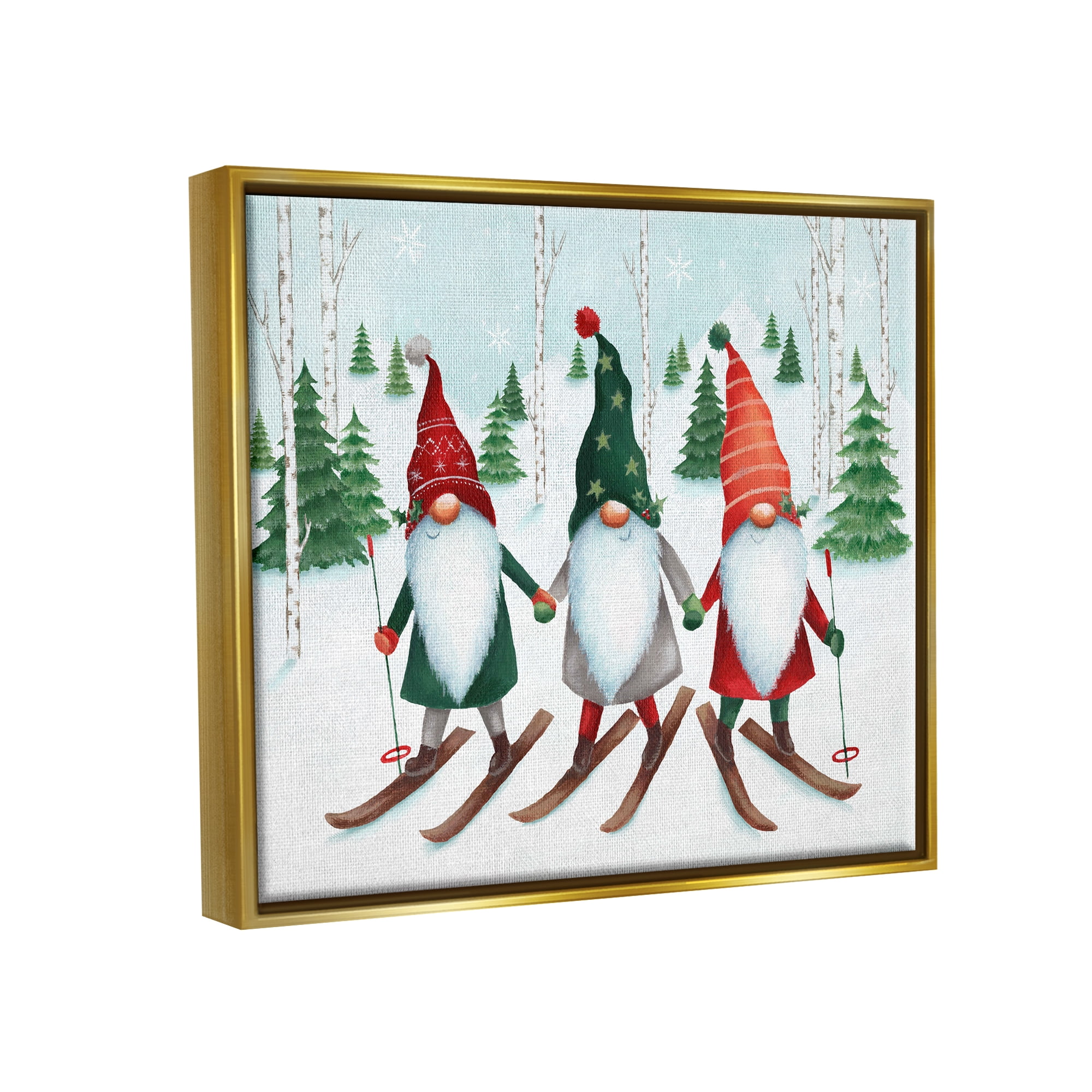 Stupell Industries Gnome Trio Skiing Holiday Painting Gold Floater Framed Canvas Art Print Wall Art, 21 x 17