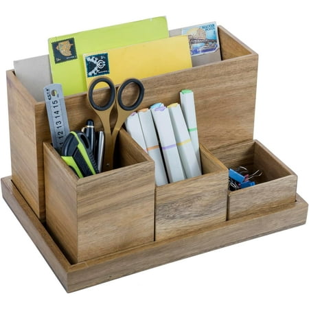Wood Desktop Organizer, 5 Piece Premium Acacia Solid Wood Modular Desk Organizer Set with Mail Holder, Pen Holder, Paper Tray for Office Supplies, Home and Office Use
