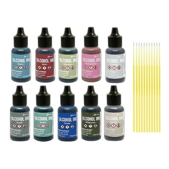 Ranger Tim Holtz Alcohol Ink Bundle - 10 Bottles of Tim Holtz Newest Alcohol Ink Colors - with 10 Trebbies Fine Detail Sticks