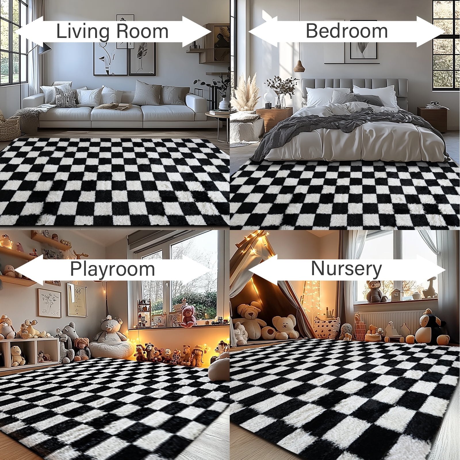 Pentantan 5ft x 8ft Shag Area Rugs for Living Room, Classic Checkered Fluffy Bedroom Carpet, Black & White