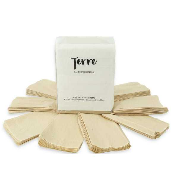 Terre Bamboo Car Tissue Refills, 3-Ply, Unbleached, 8 Pack (320 Sheets Total), FSC-Certified, Car Visor, Cylinder Tissues, Eco-Friendly, Tree-Free, Compostable, Strong & Sustainable