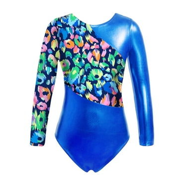 Linjinx Kids Girls Shiny Long Sleeve Gymnastics Leotards Ballet Unitards Dance Tops Athletic Royal Blue 4
