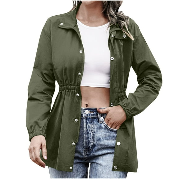 Women's Utility Jacket Drawstring Waist Coat Solid Zipper Lapel Long Sleeve Lightweight Jackets Commuting Casual Tunic Windbreaker 2025 Fall Outerwear