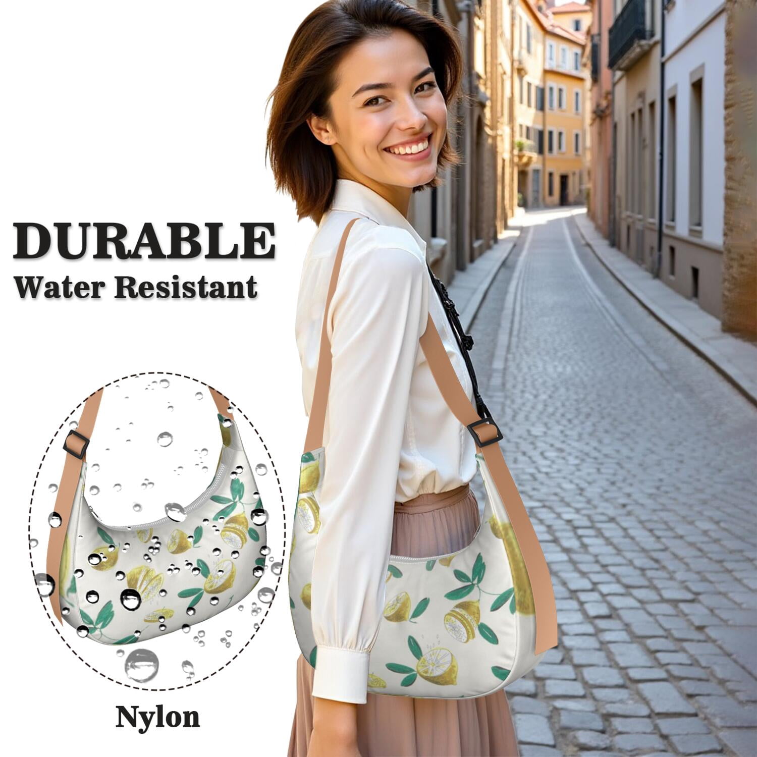 Lightweight Retro Lemon Print Hobo Purse for Women, Floral Summer Crossbody Shoulder Tote, Durable Water-Resistant Fruit Bag with Large Capacity Design