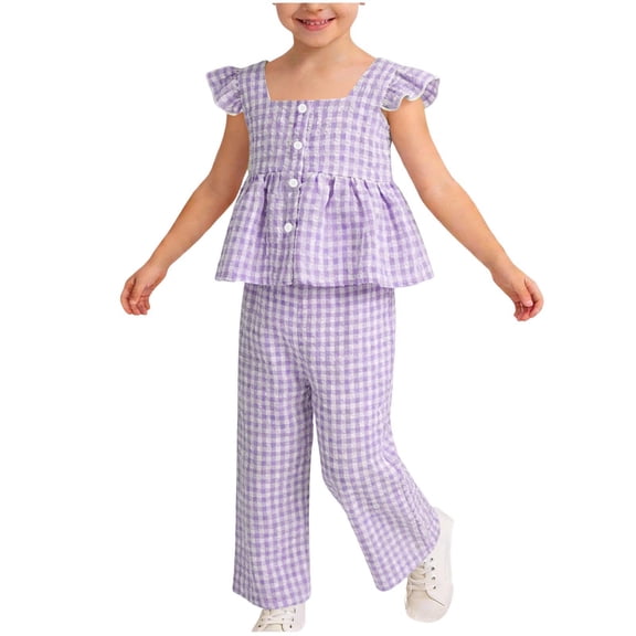 Avrnliq Kids Girls Purple Gingham 2-Piece Outfit Set Ruffle Sleeve Square Neck Peplum Top Elastic Waist Wide Leg Pants Casual Summer Cotton Blend Clothes,Size 4-5 T