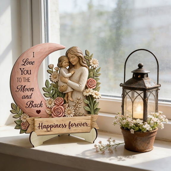 Mother's Day Gifts Wooden Sign, Wooden Heart and Moon Figurine Decor with Engraved Message, Appreciation Keepsake Warm Home Ornament