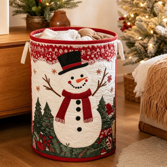 Yaayu 1Pc Christmas Laundry Hamper, 14.2 x 18.1 Inch Quilted Snowman Round Collapsible Basket with Handles, Storage Bin for Bedroom Bathroom Laundry Room, Multicolor