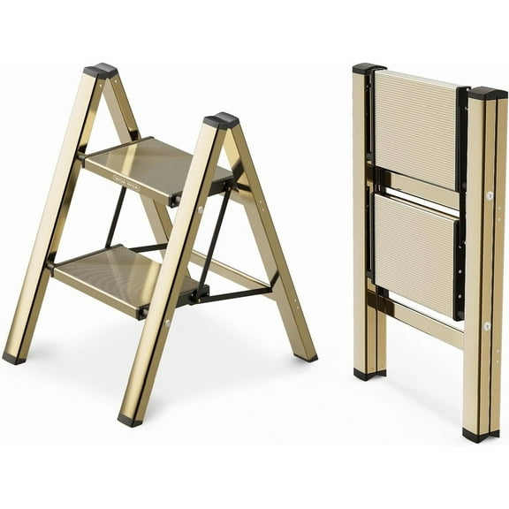 Step Ladder, 2 Step Foldable Step Stool with Widen Pedals, Portable Aluminum Stepladder, Compact Ladder for Space Saving, Home Ladders for Kitchen(300lbs, Gold)
