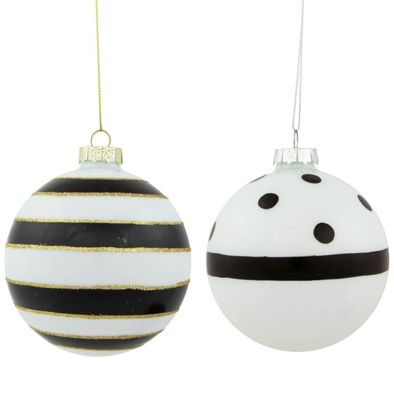 Northlight Striped and Dotted Christmas Glass Ball Ornaments - 4" - White and Black - Set of 2