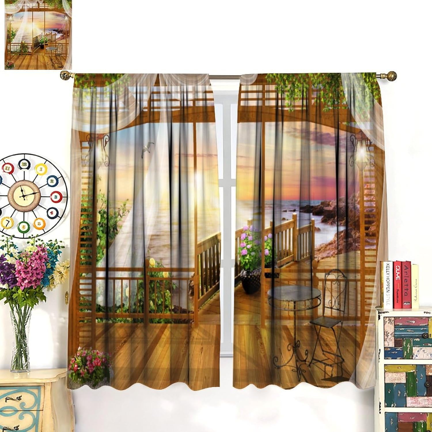 Sunset Ocean Curtains, Ocean Scene Beach View Sea Wave Summer Tropical Seaside Scenery Thermal Insulation Blackout Window Treatments for Bedroom Cafe, 84" W X 84" L