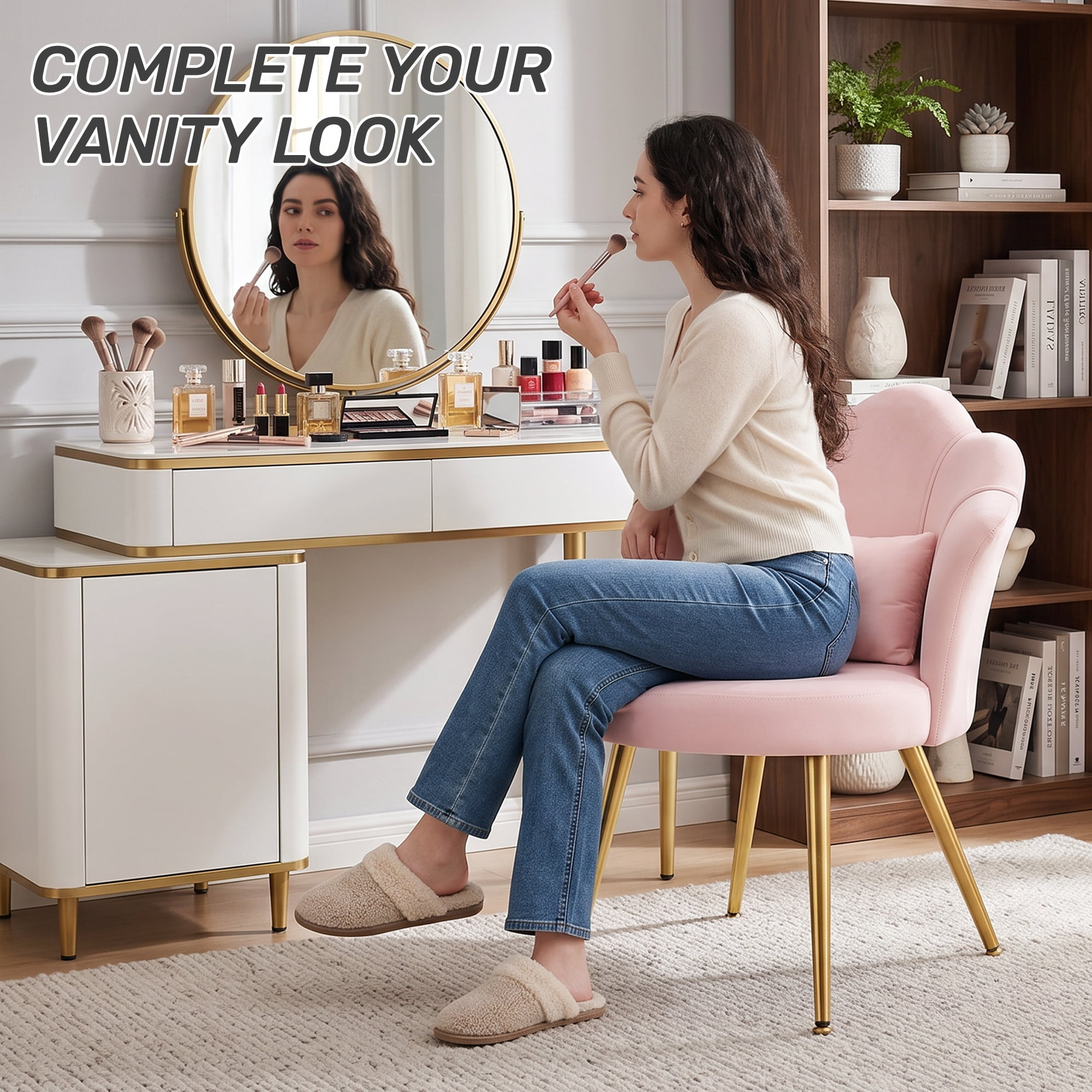 COOLHUT Petal Velvet Vanity Chair, Flower Cute Girls Mack Up Vanity Stool Chair with Lumber Pillow and Adustable Gold Legs, Upholstered Small Desk Chair for Living Room Bedroom Home Office, Pink