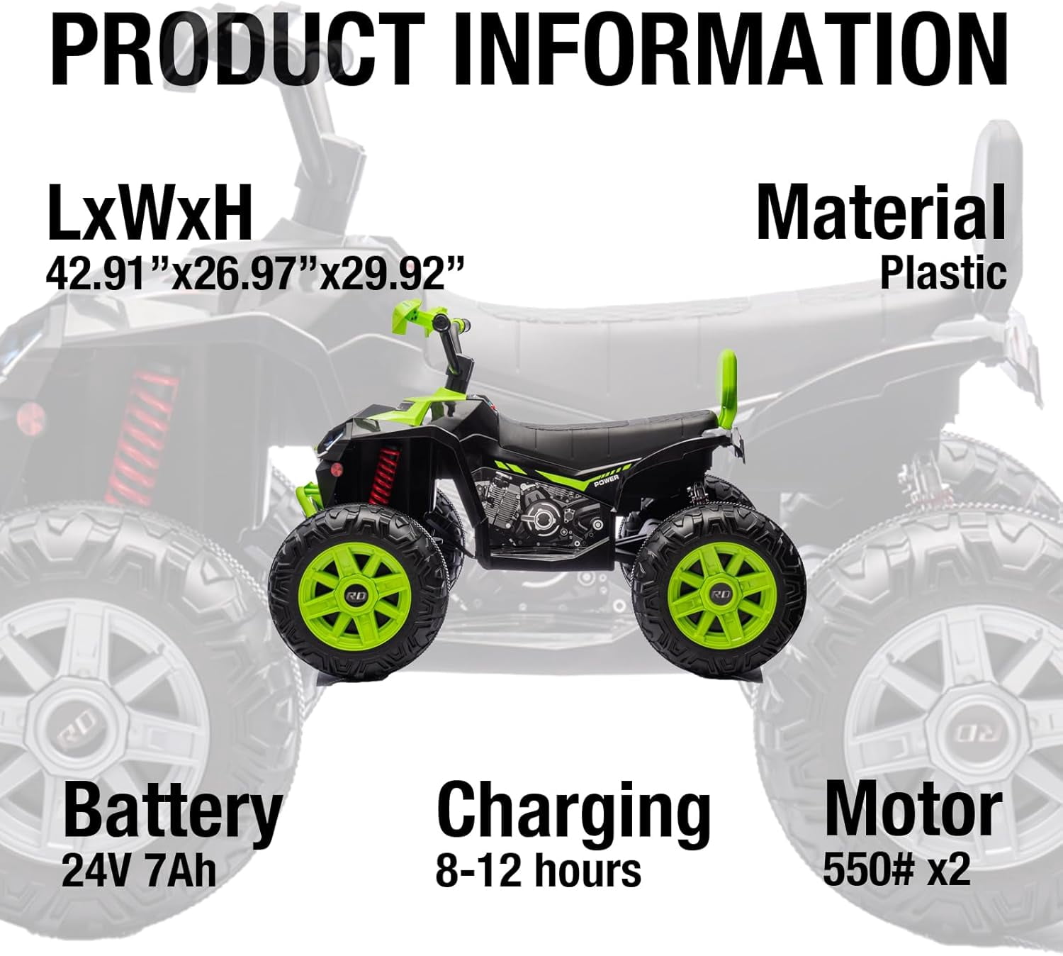 24 Volt Kids ATV Ride-On, Electric Dual 4 Wheeler with 2-Seater, Ride on Toys for Big Kids with Bluetooth, LED Lights, Music, High Low Speed, Green